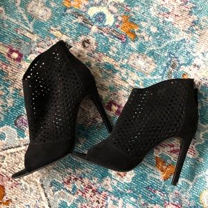 Perforated stiletto open toe bootie